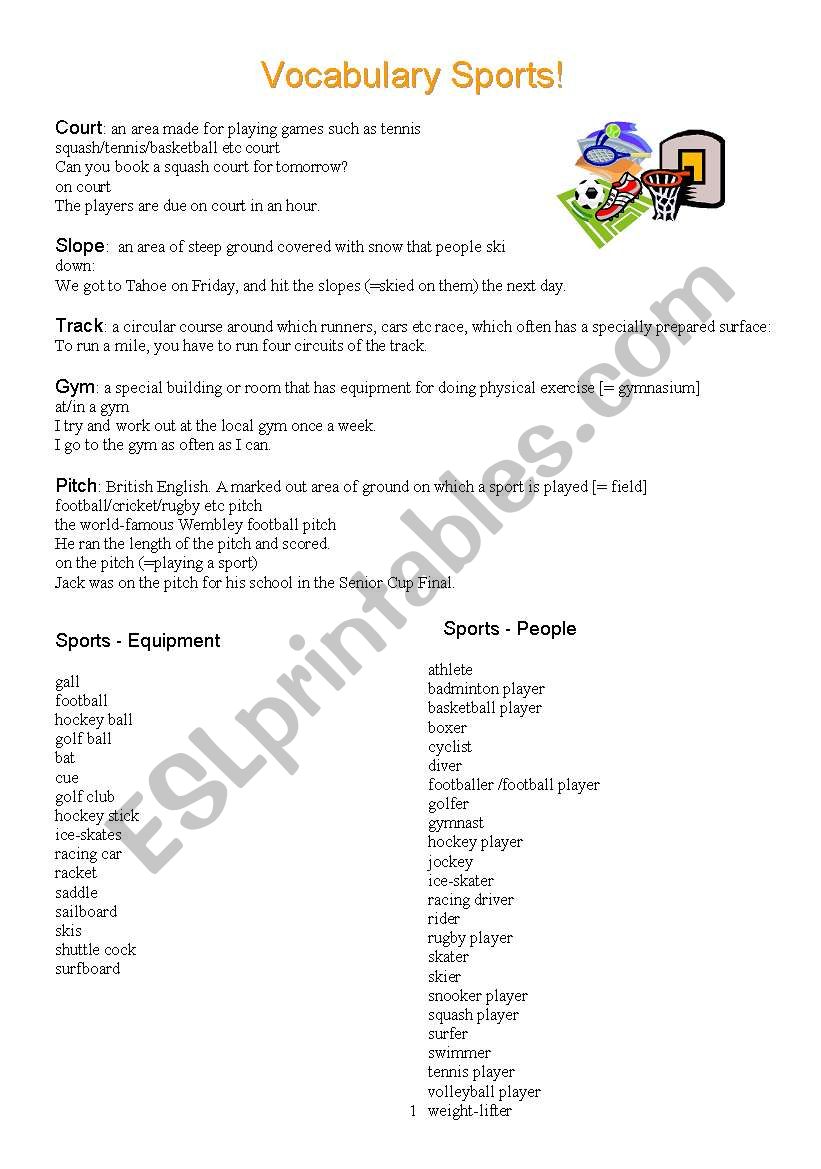 vocabulary sports worksheet