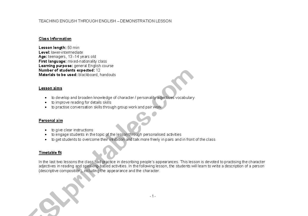 Lesson plan - character adjectives