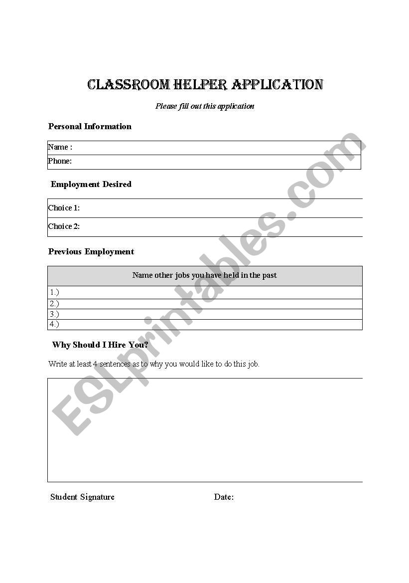 classroom helper worksheet