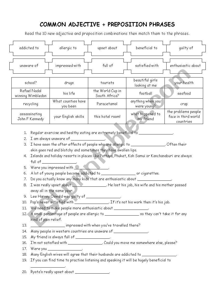 Adjective + preposition phrases