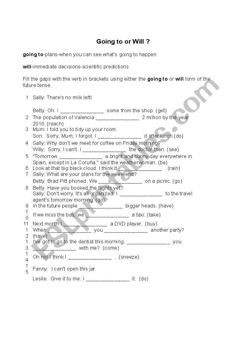 WILL AND GOING TO  worksheet