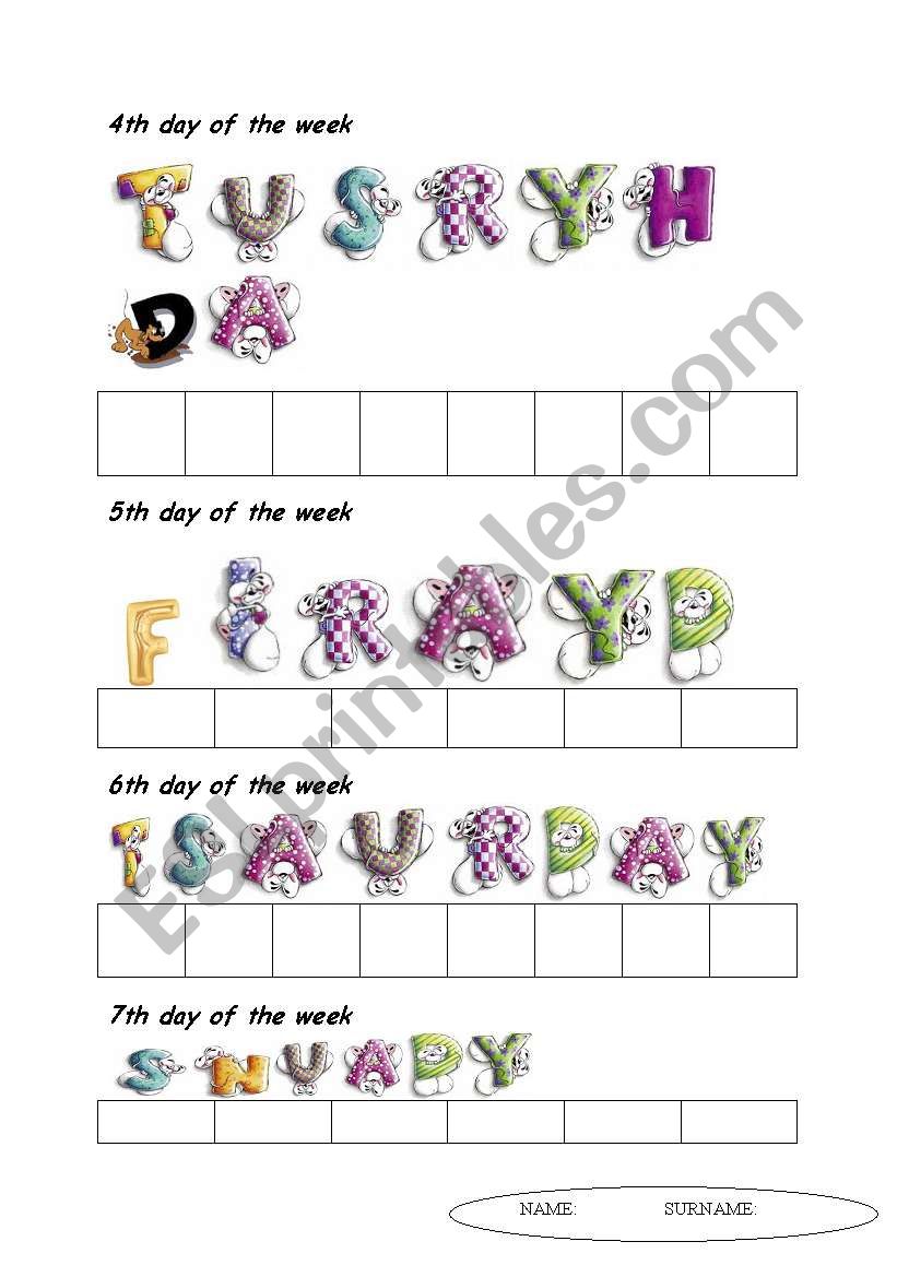 days of the week 2 worksheet