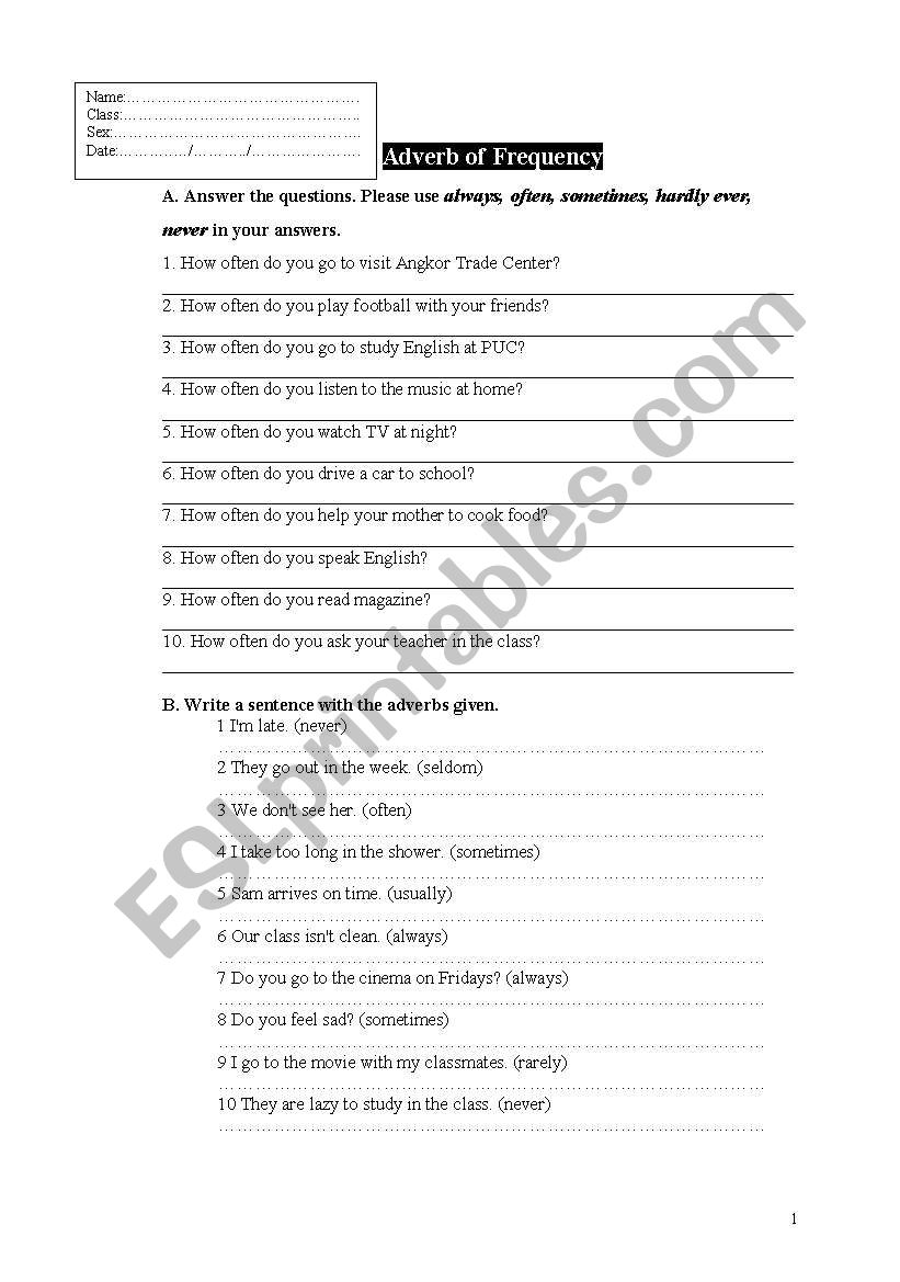 adverb of frequency worksheet
