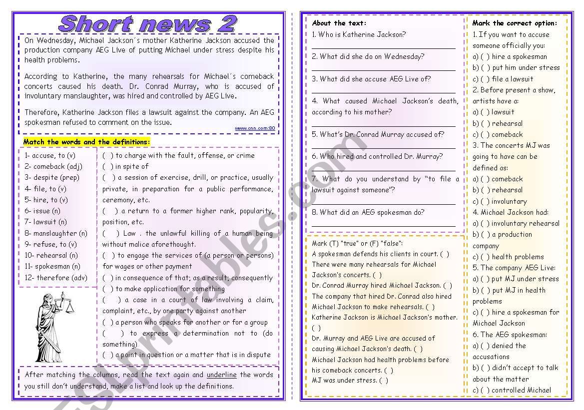 Short news 2 - comprehension + vocabulary (4 types of exercises) ***fully editable