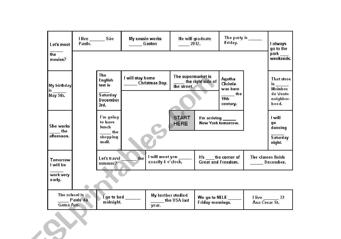 Prepositions Board Game worksheet