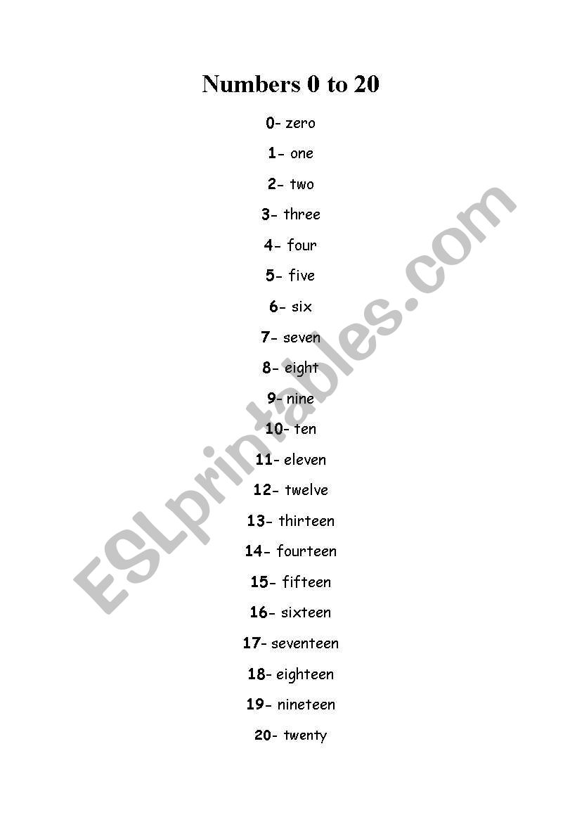 Numbers 0 to 20 worksheet