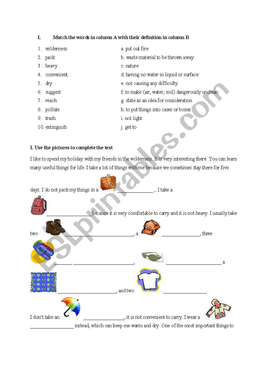 Holiday in wilderness worksheet