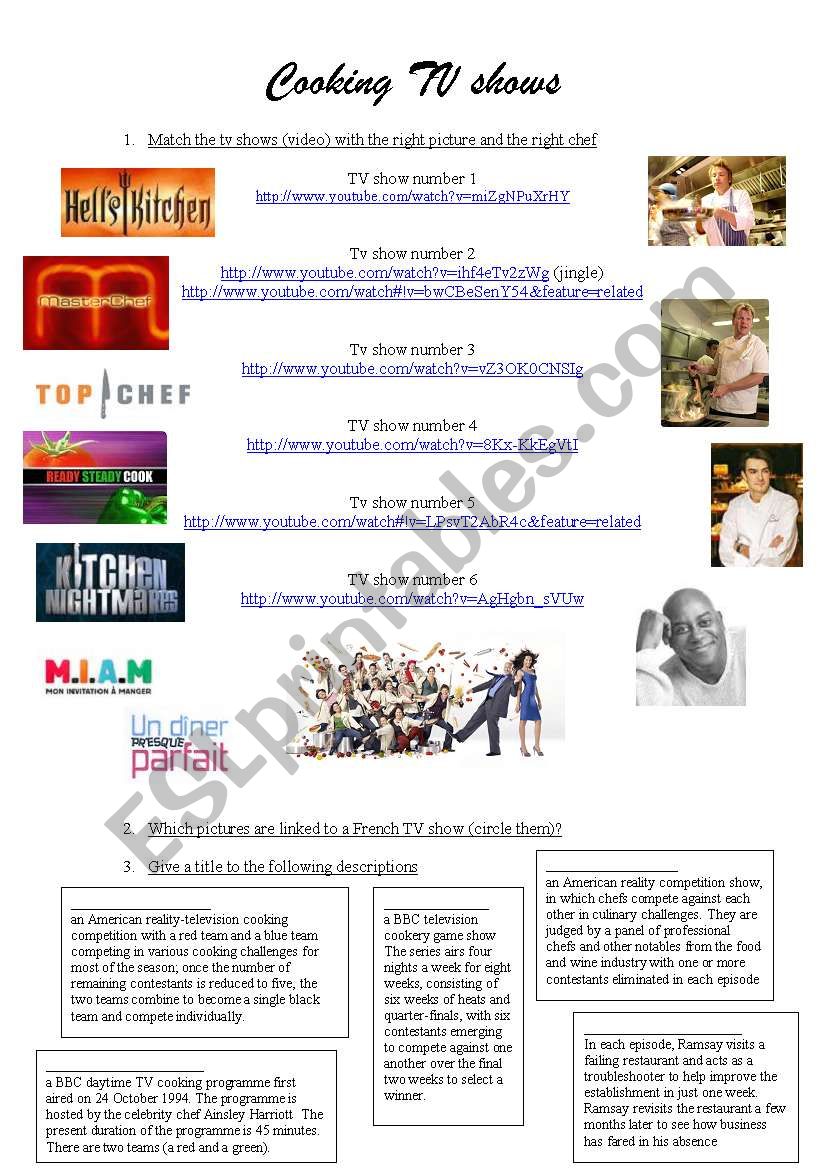 cooking tv shows worksheet