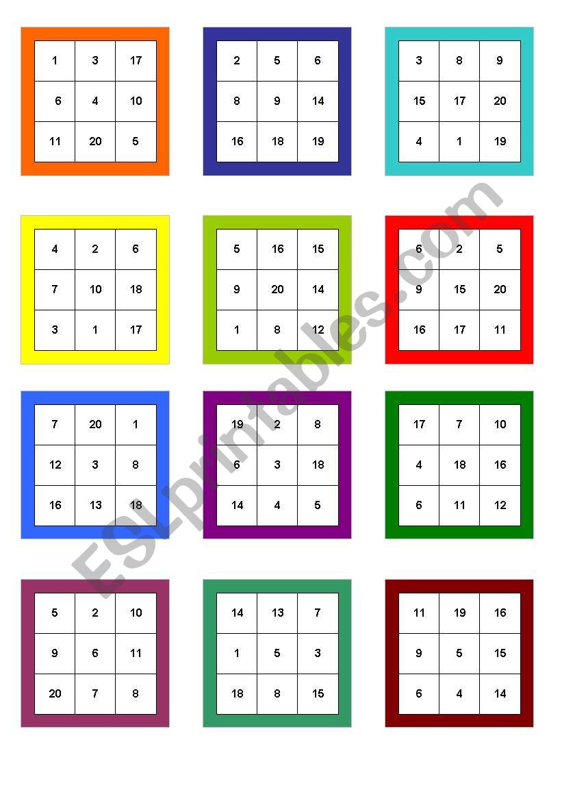 Numbers 1-20 Bingo worksheet