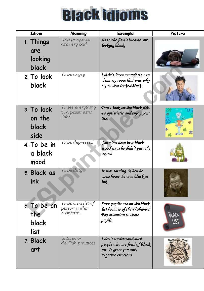 Idioms of black color worksheet