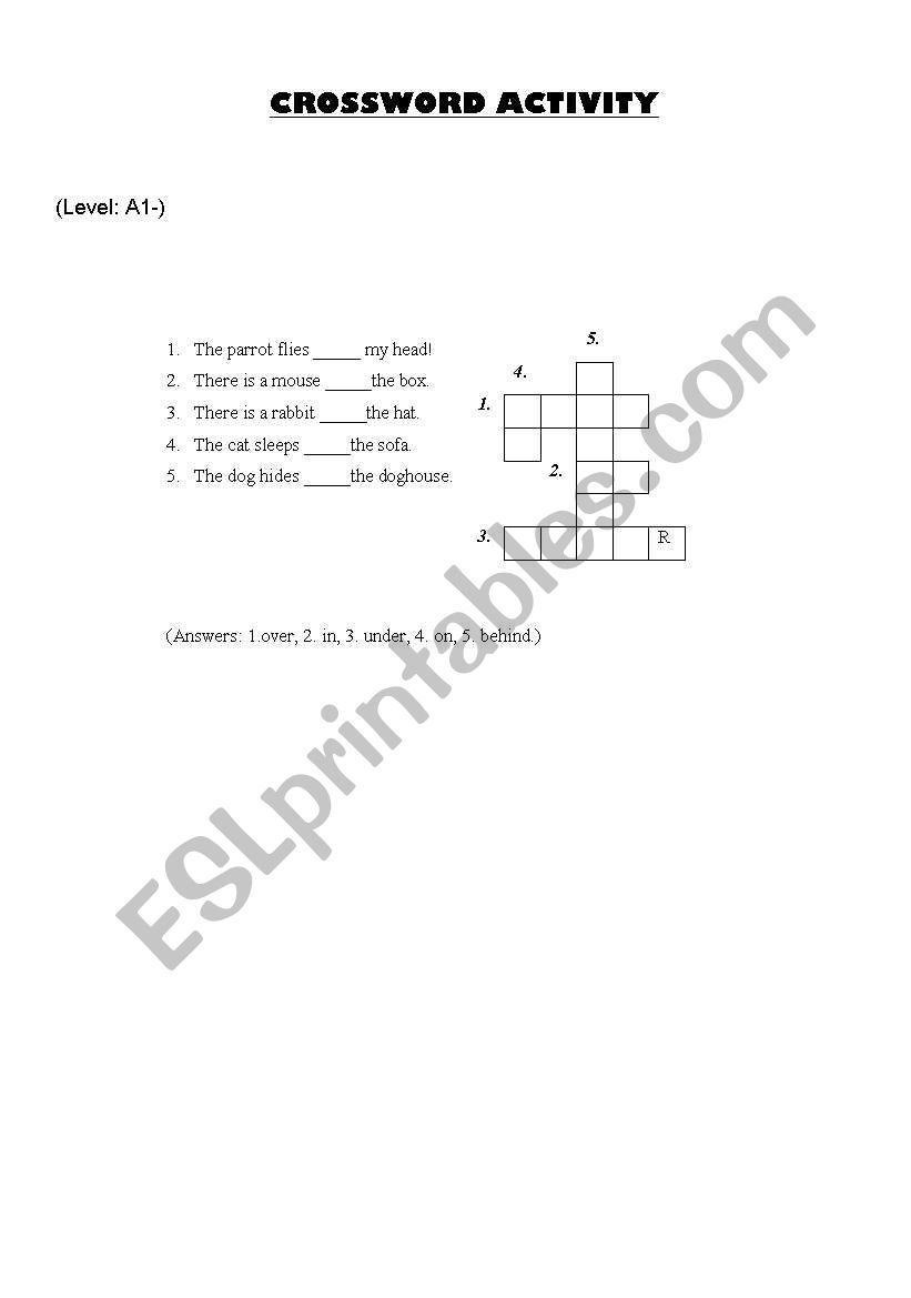 Crossword Activity - Prepositions of Place