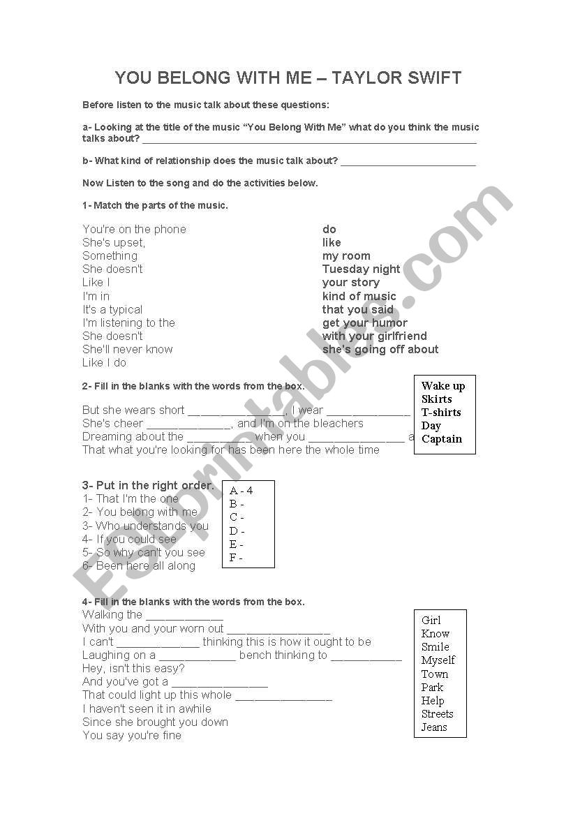 You Belong with me  worksheet