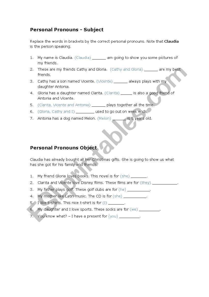 Exercises on Pronouns worksheet