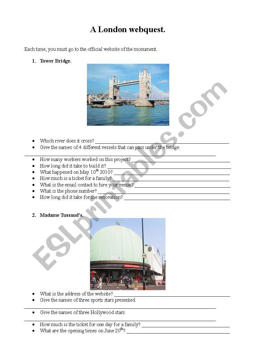 London monuments webquest worksheet