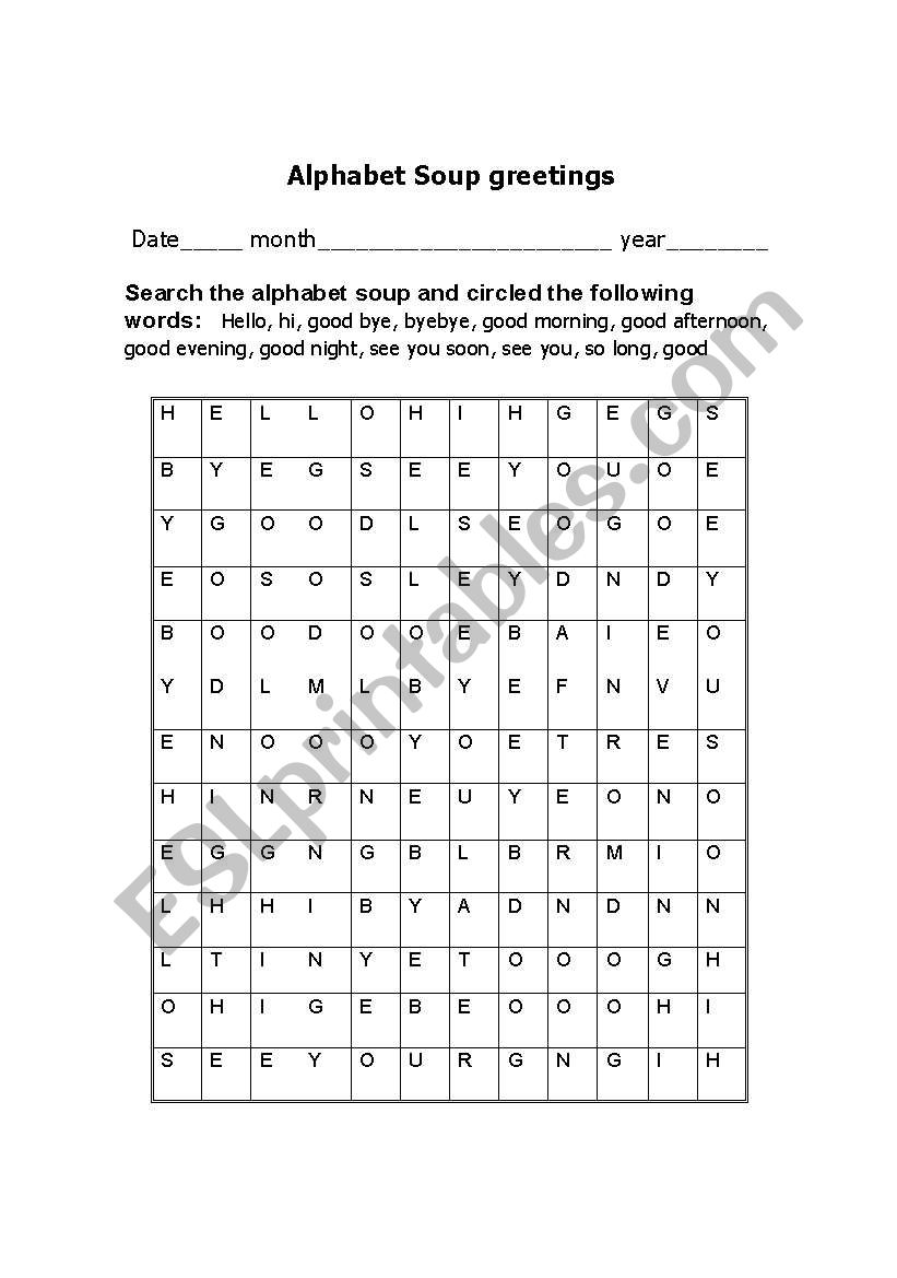 Alphabet soup greetings worksheet