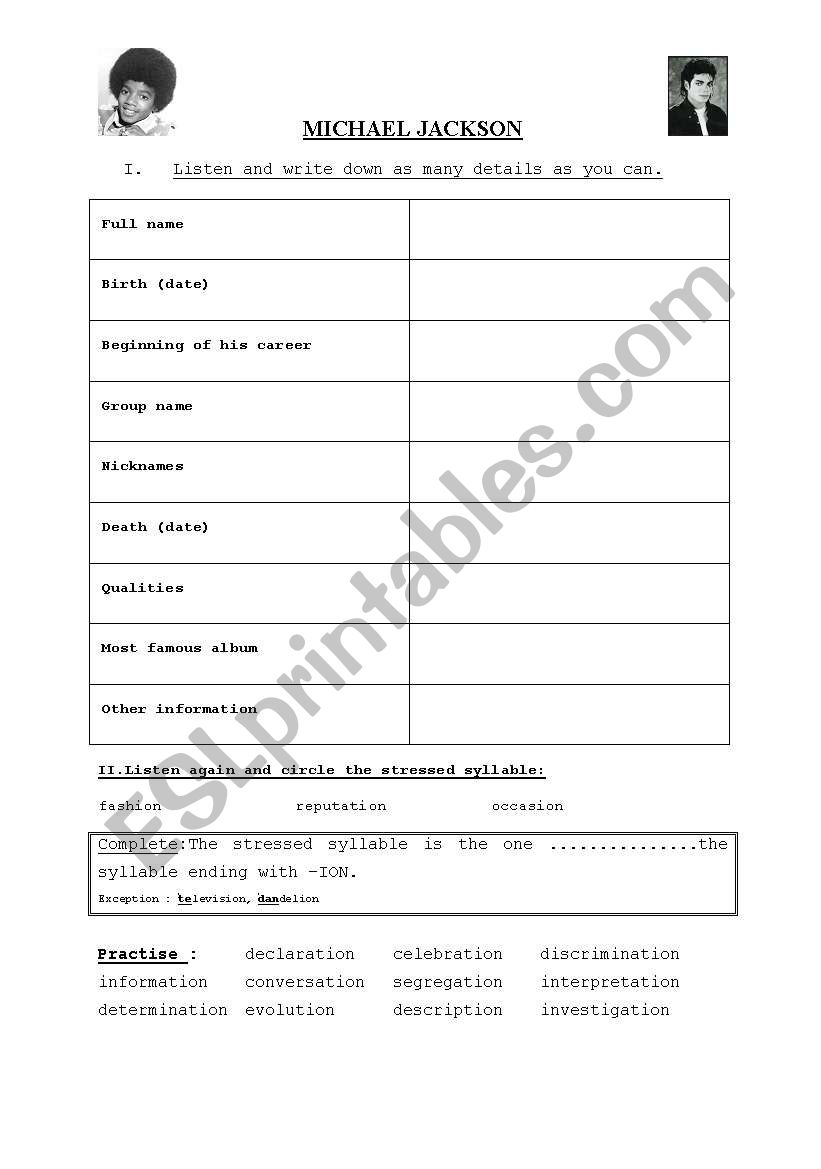 Michael Jacksons biography  worksheet