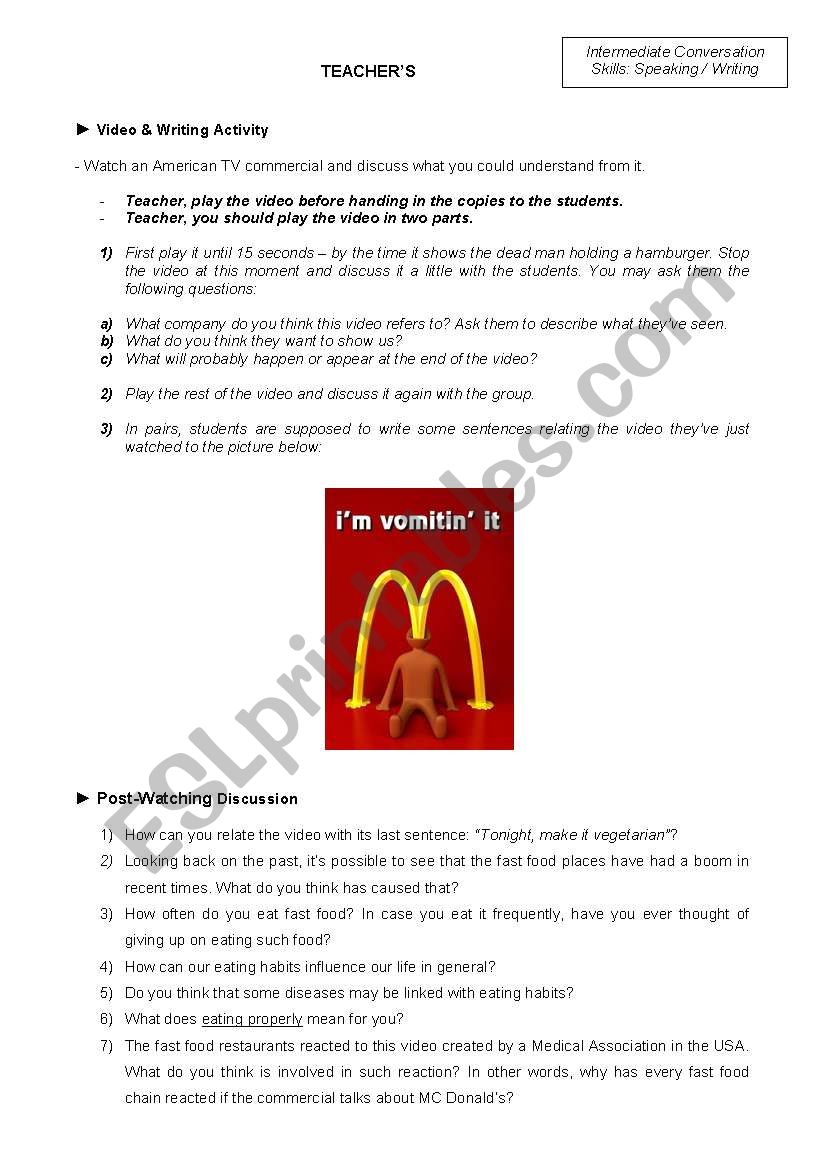 Conversation Class based on a polemic video about fast food (Teachers copy)