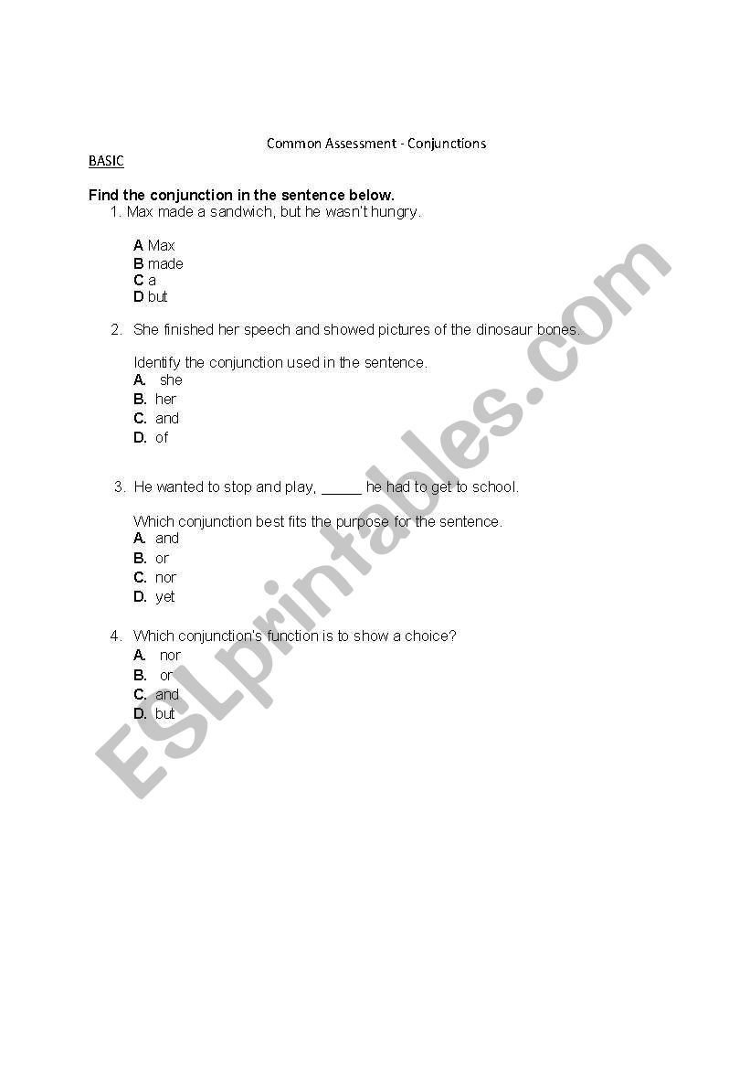Conjucntions Assessment worksheet