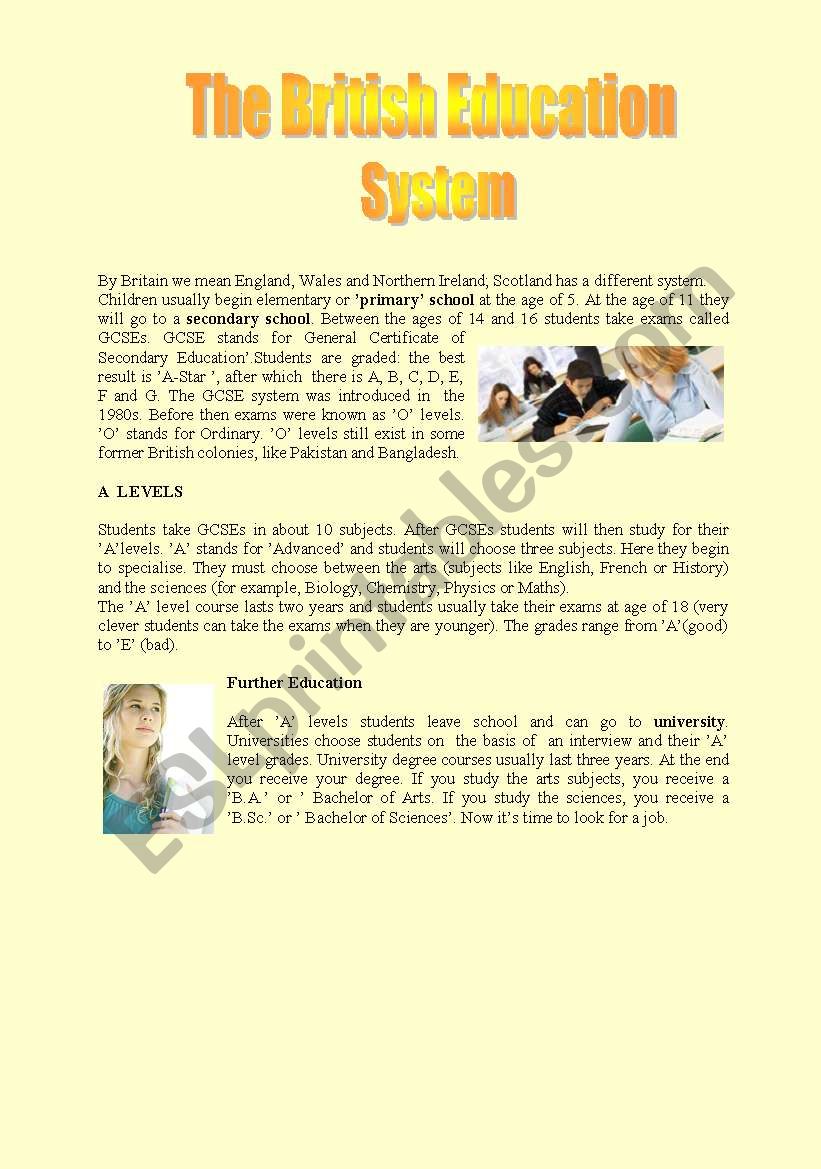 The British Education System worksheet