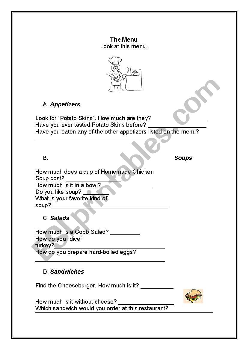 Restaurant: Menu worksheet