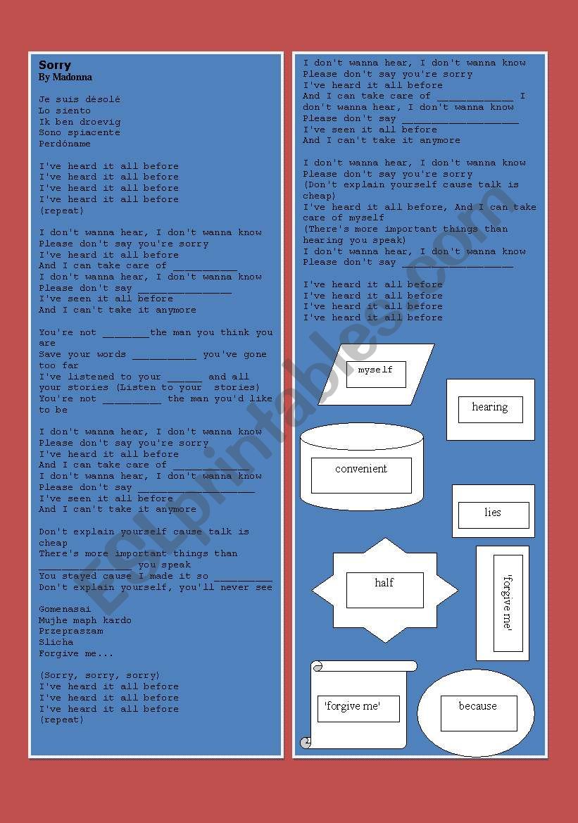 SONG: SORRY - MADONNA worksheet