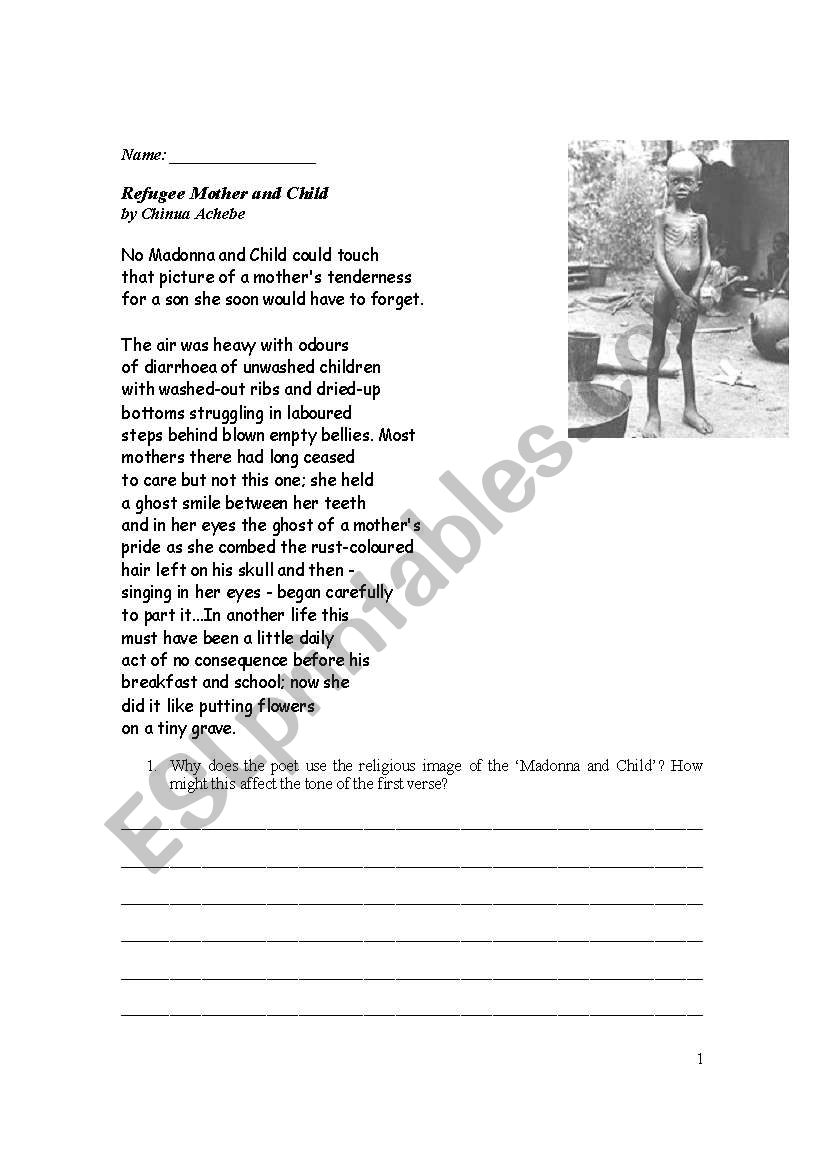 Refugee Mother and Child worksheet