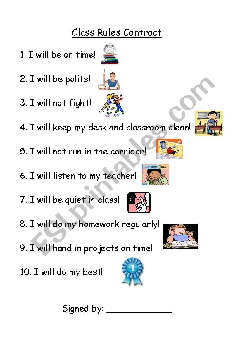 Class Rules Contract worksheet