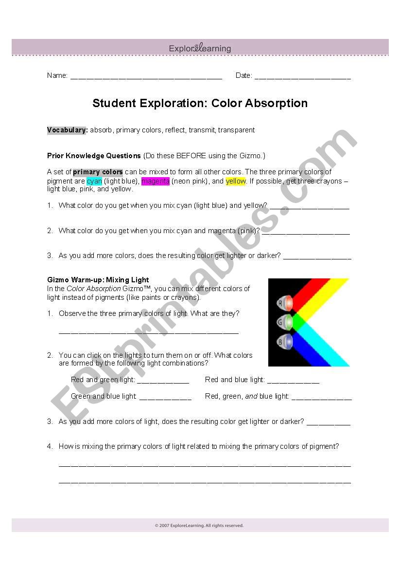 Color absorption worksheet