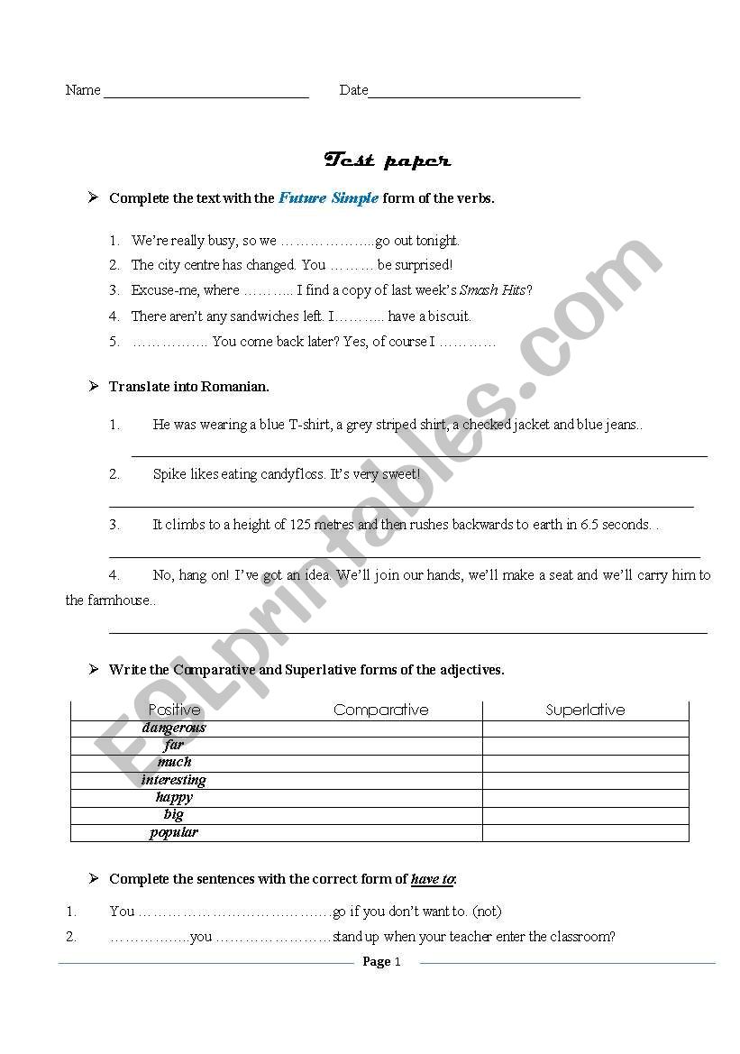 test paper worksheet