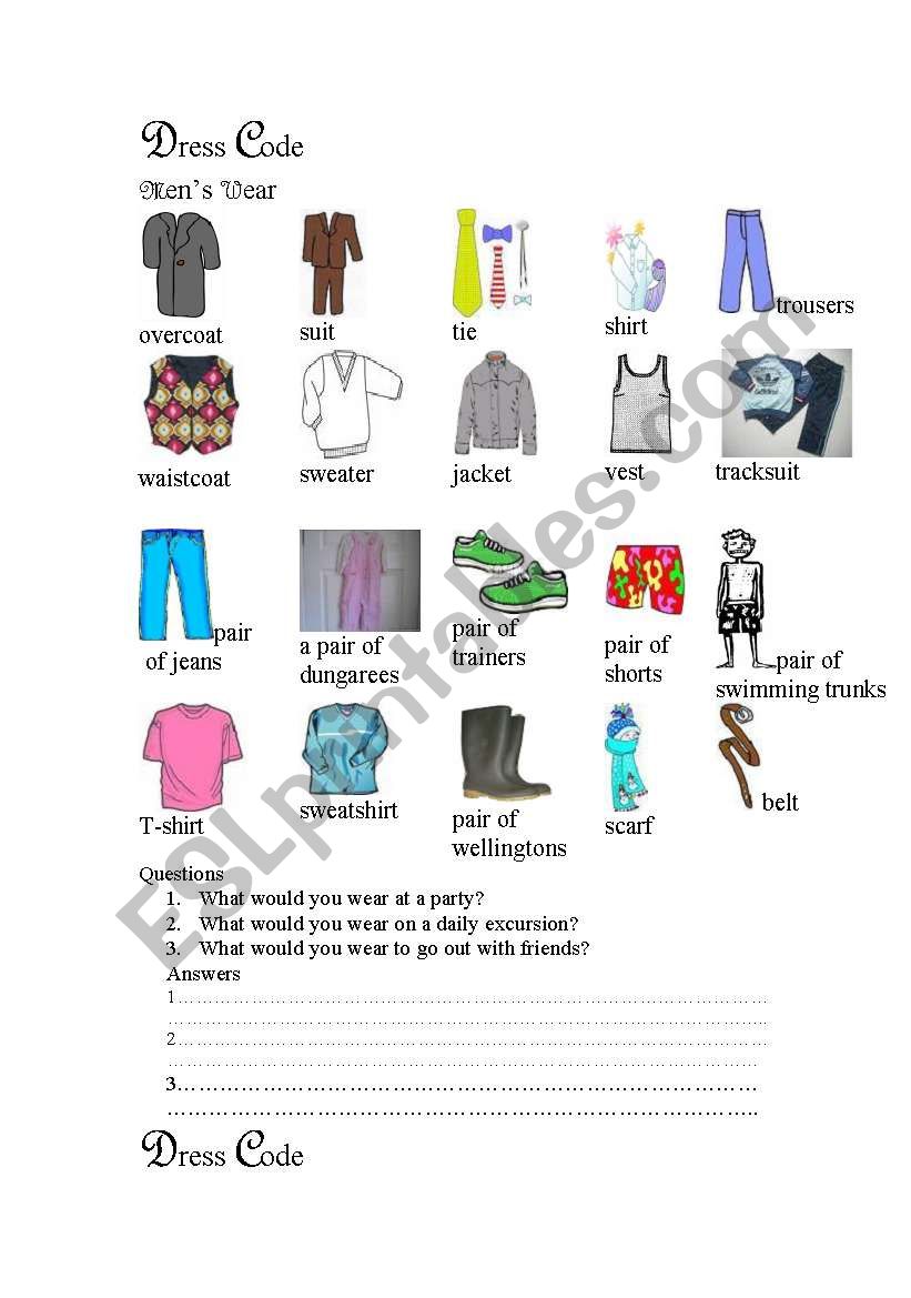 Dress Code worksheet