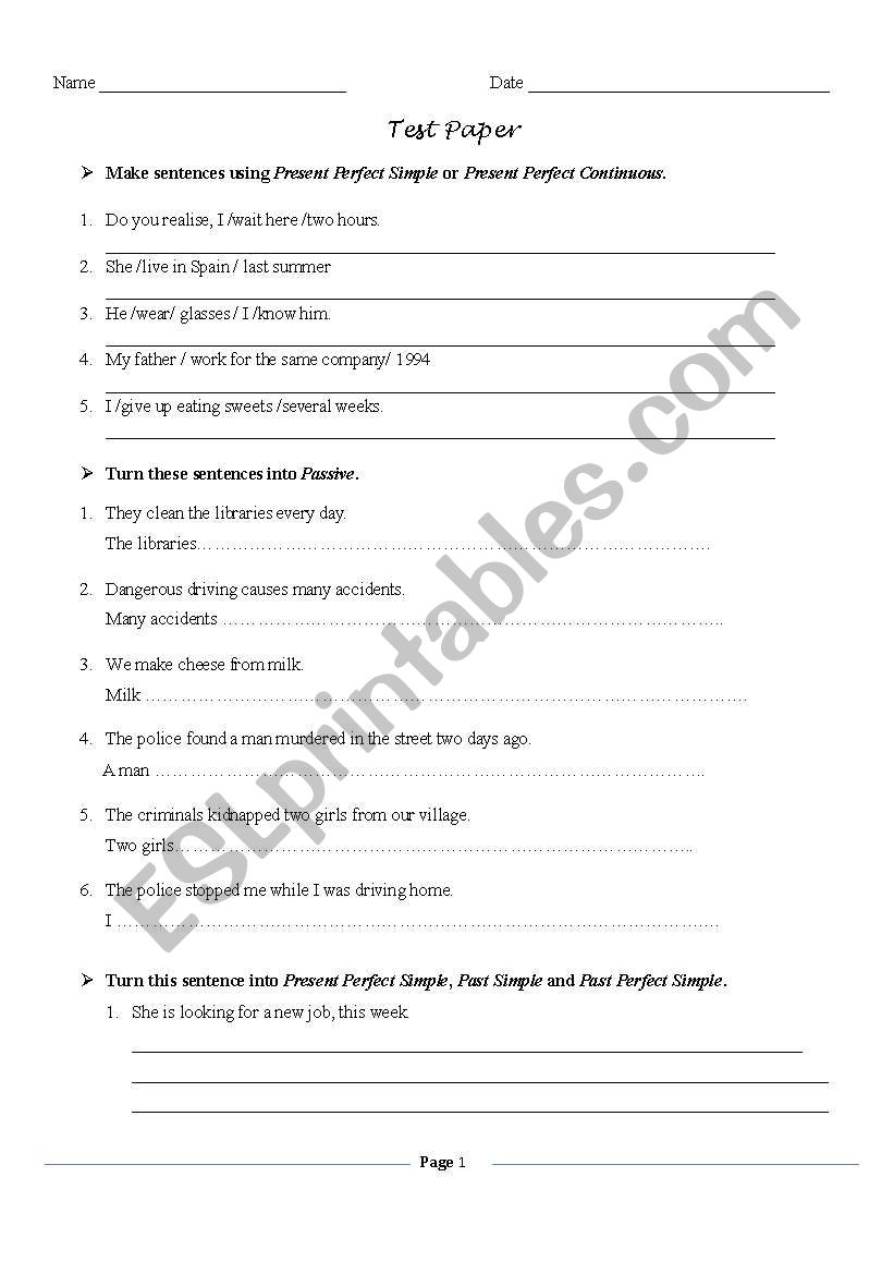 test paper worksheet