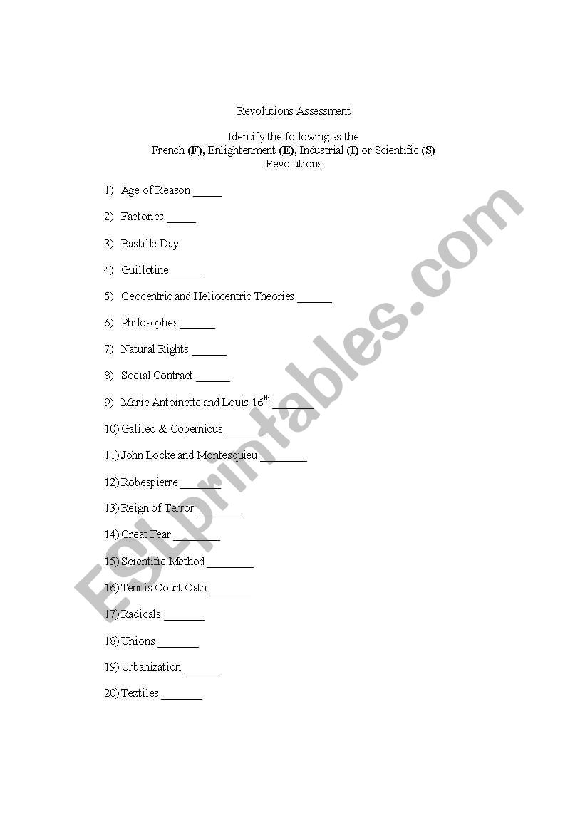 Revolutions Assessment  worksheet