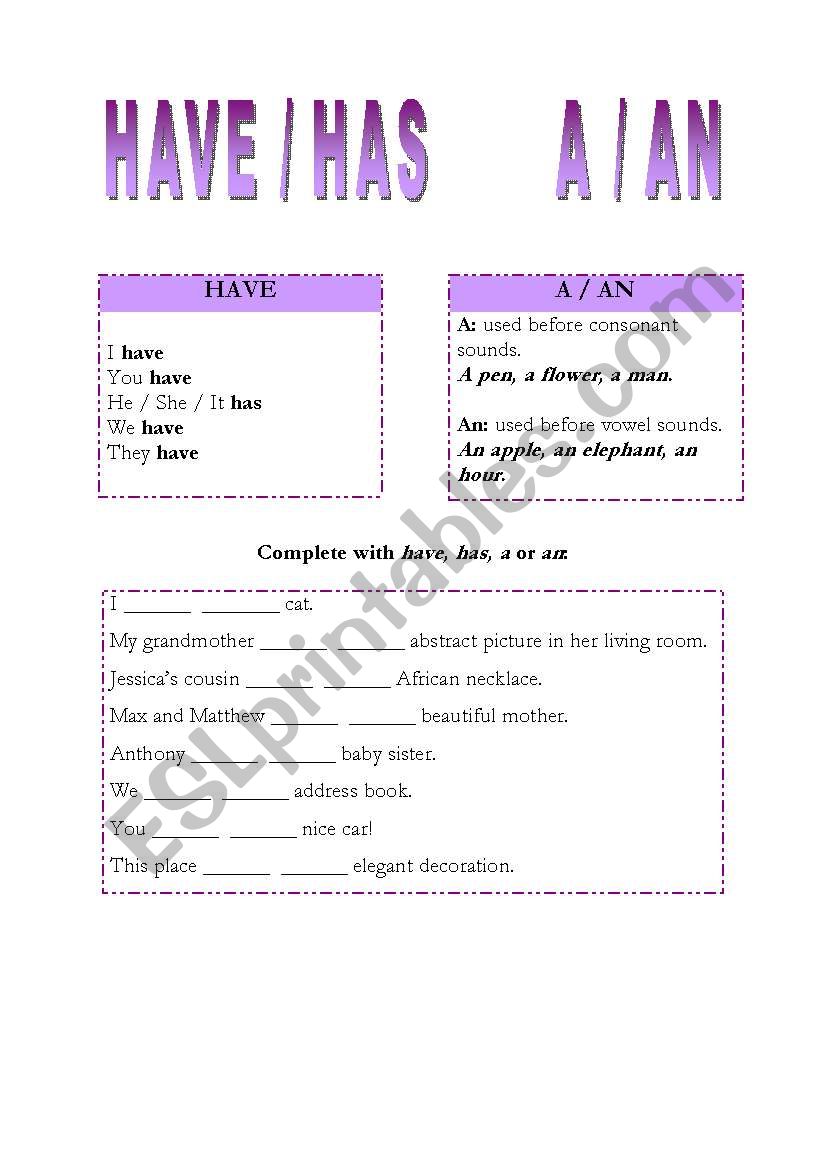 Have and Has / A and An worksheet