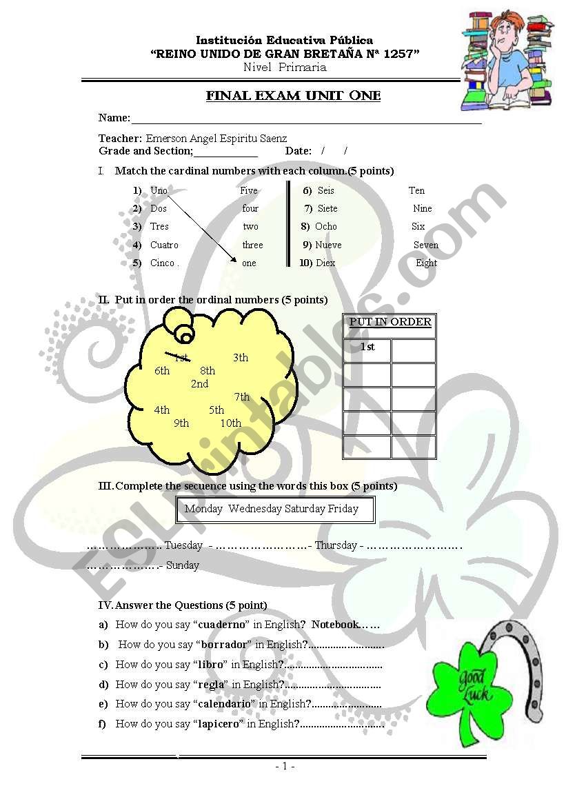 FINAL EXAM UNIT ONE worksheet