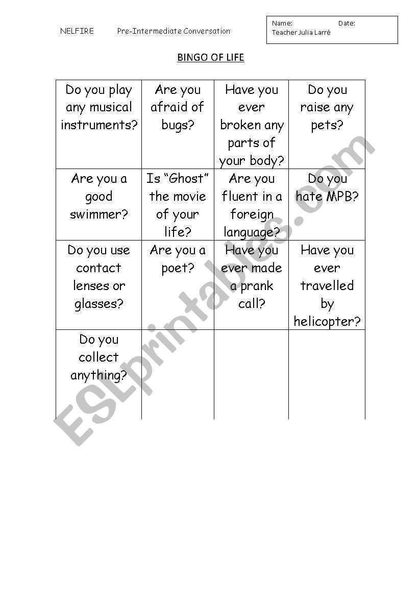 bingo of life worksheet