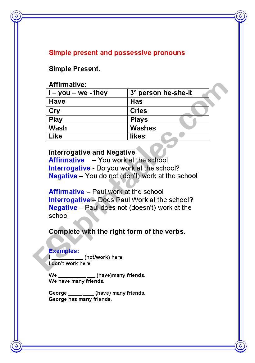 Simple present and Possessive pronouns
