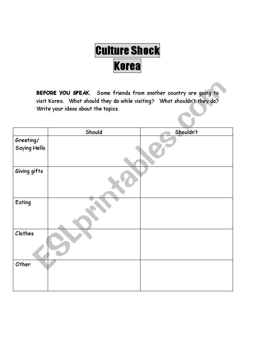 Culture Shock Korea worksheet