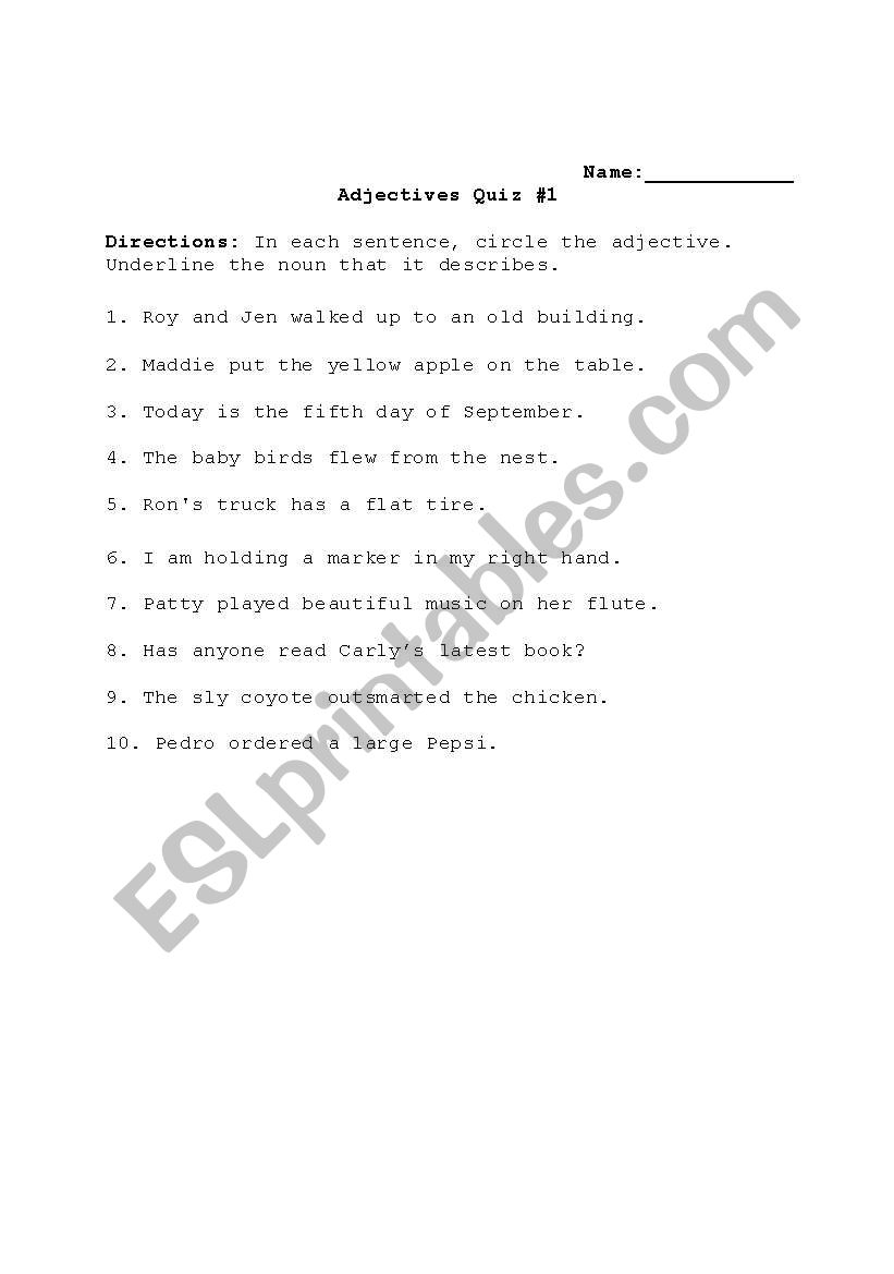 Adjectives Quiz worksheet