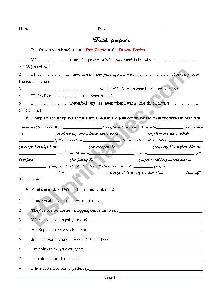 test paper worksheet