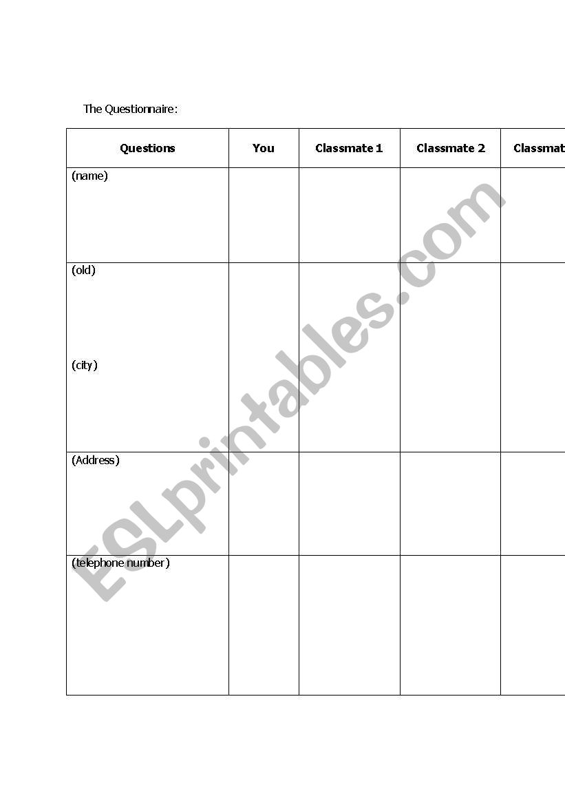 questionnaire worksheet