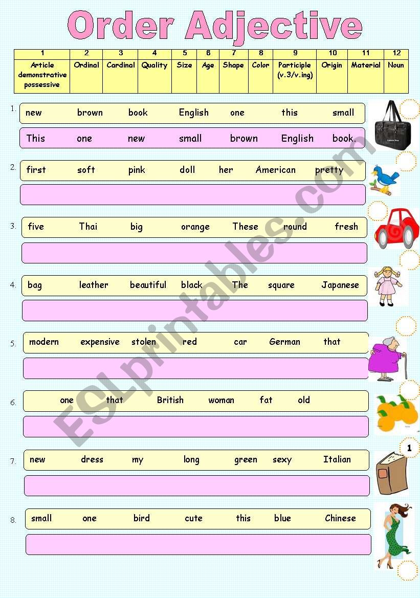 order adjective worksheet