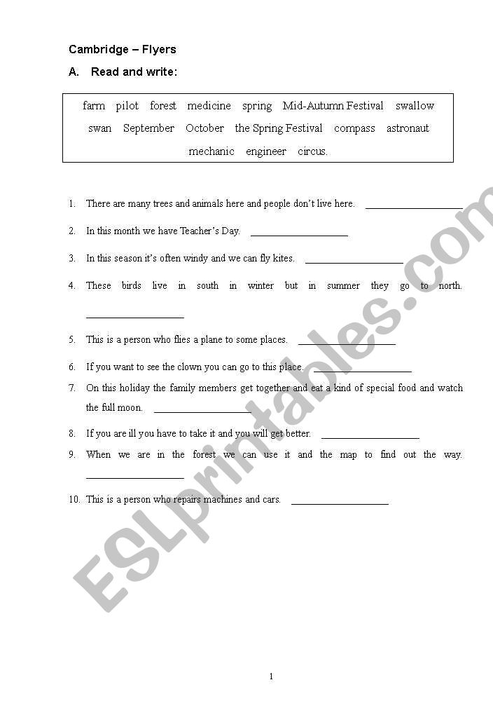 Cambridge Flyers Worksheet 3 worksheet