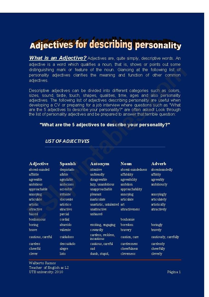 adjectives of personality  worksheet