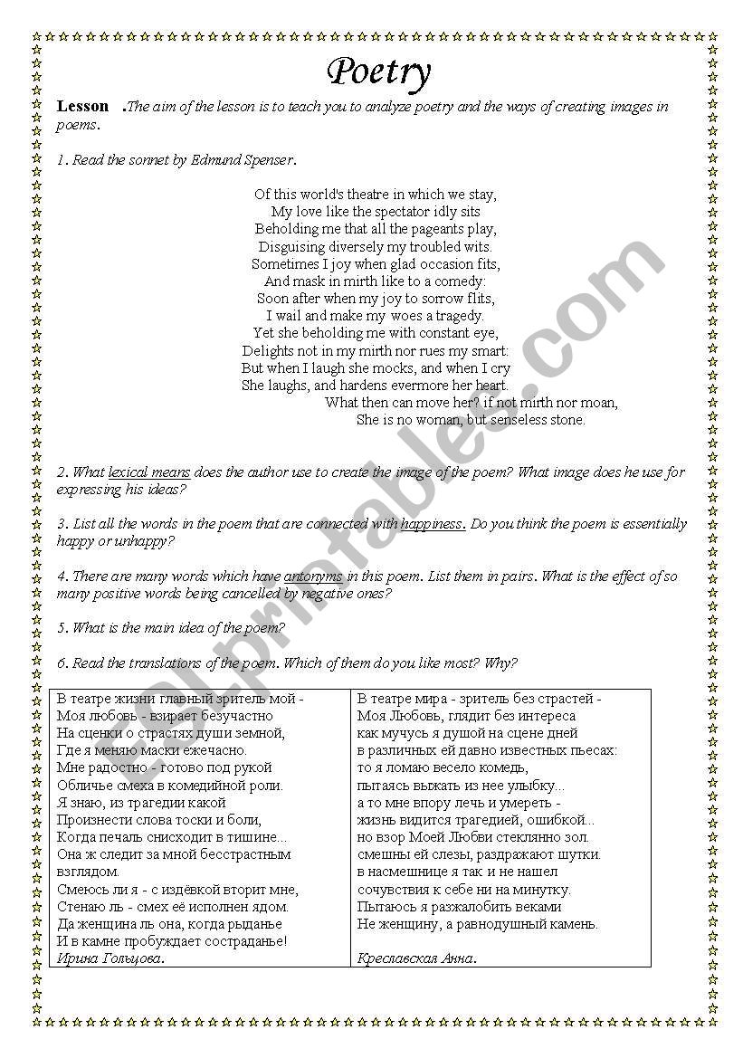 Poetry. Sonnets. worksheet