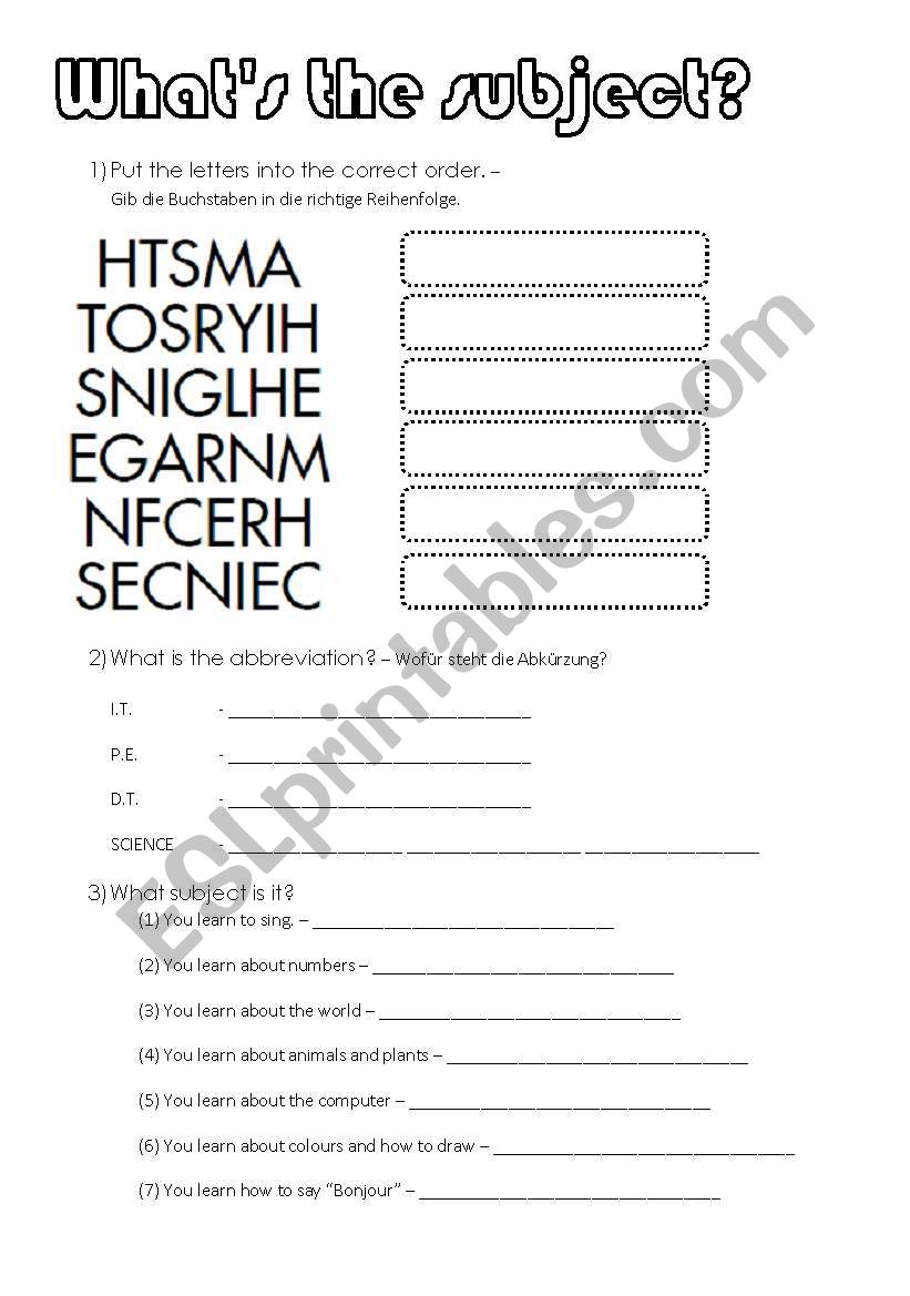 school subjects worksheet