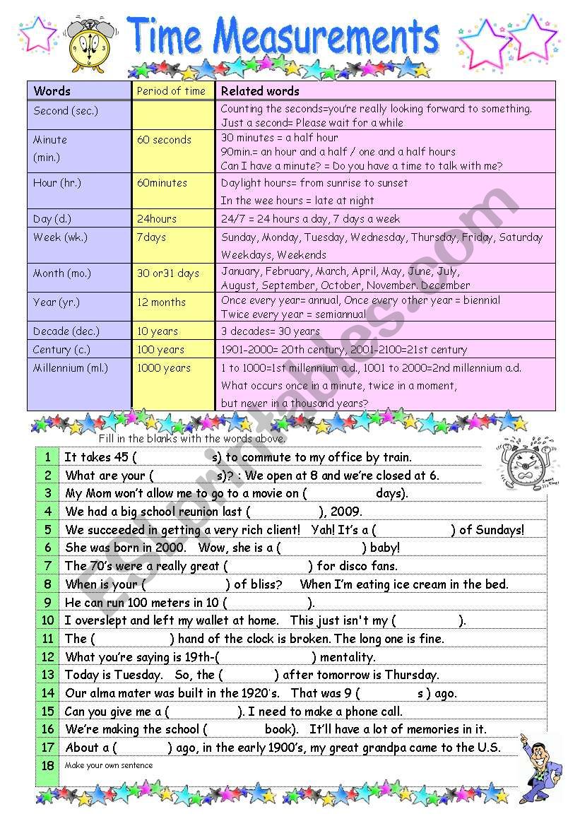 Time measurements worksheet