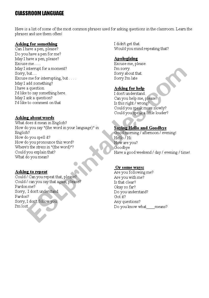 Language using in classroom worksheet