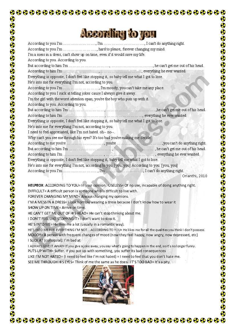 Orianthi according to you worksheet