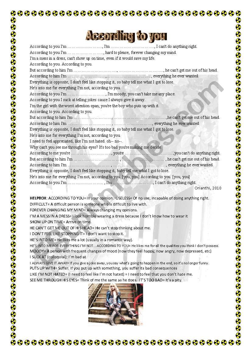 Orianthi according to you worksheet