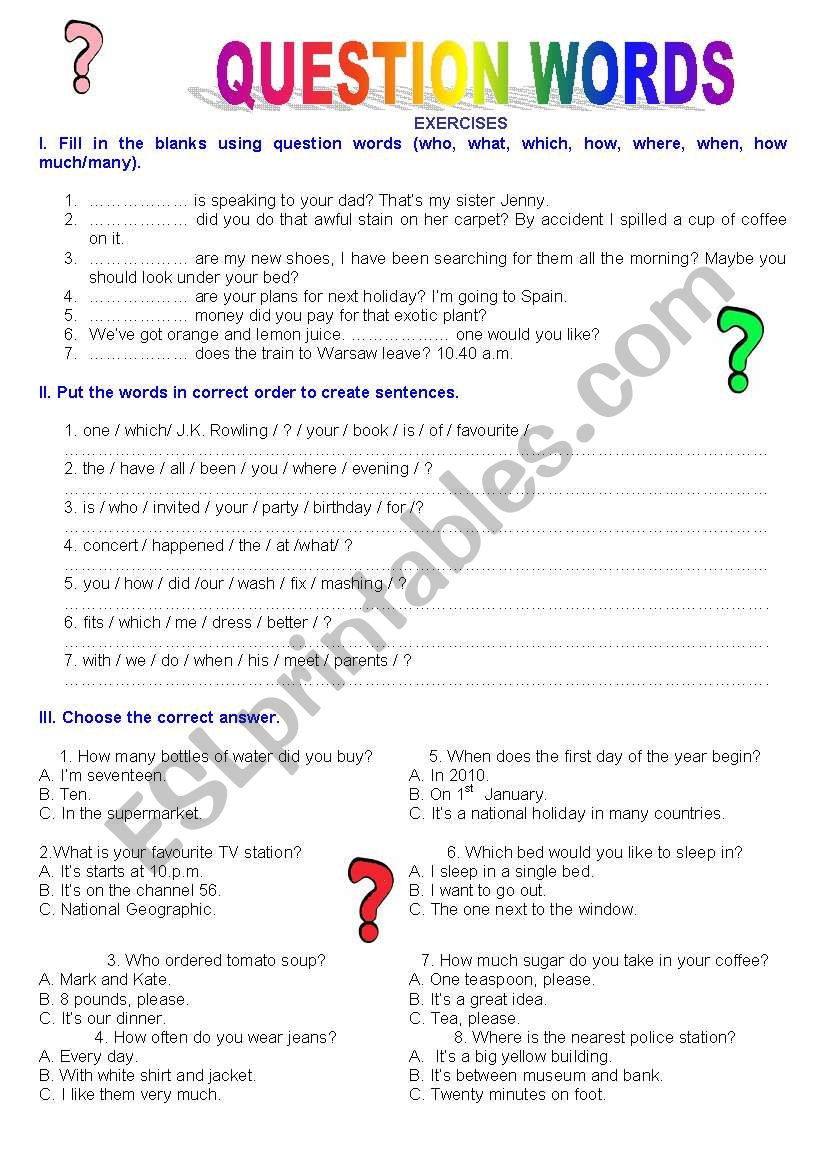 Quetion words - exercises worksheet
